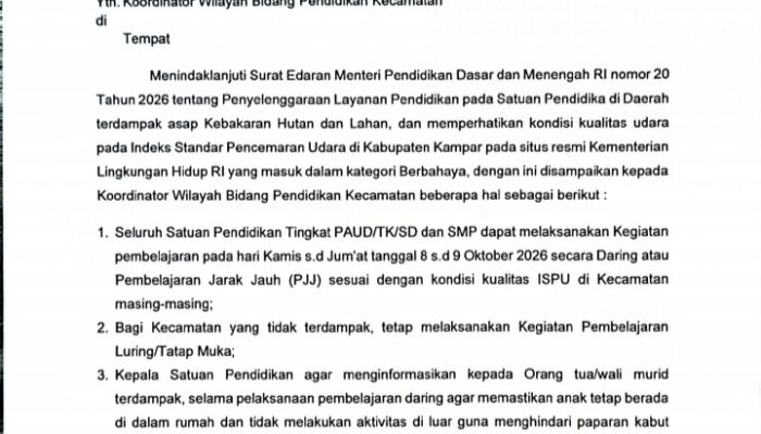 Akibat Kabut Asap Tebal, Pembelajaran Jarak Jauh Diterapkan Disdikpora Kampar
